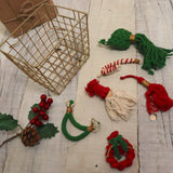 'TIS THE SEASON CHRISTMAS BASKET - 6 RED AND GREEN MACRAME ORNAMENTS + JORG BASKET