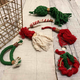 'TIS THE SEASON CHRISTMAS BASKET - 6 RED AND GREEN MACRAME ORNAMENTS + JORG BASKET