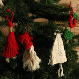 'TIS THE SEASON CHRISTMAS BASKET - 6 RED AND GREEN MACRAME ORNAMENTS + JORG BASKET