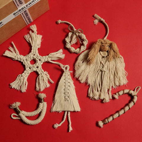 'TIS THE SEASON CHRISTMAS ORNAMENTS - 6 WHITE MACRAME ORNAMENTS