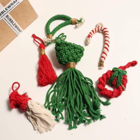 'TIS THE SEASON CHRISTMAS ORNAMENTS - 6 RED AND GREEN MACRAME ORNAMENTS